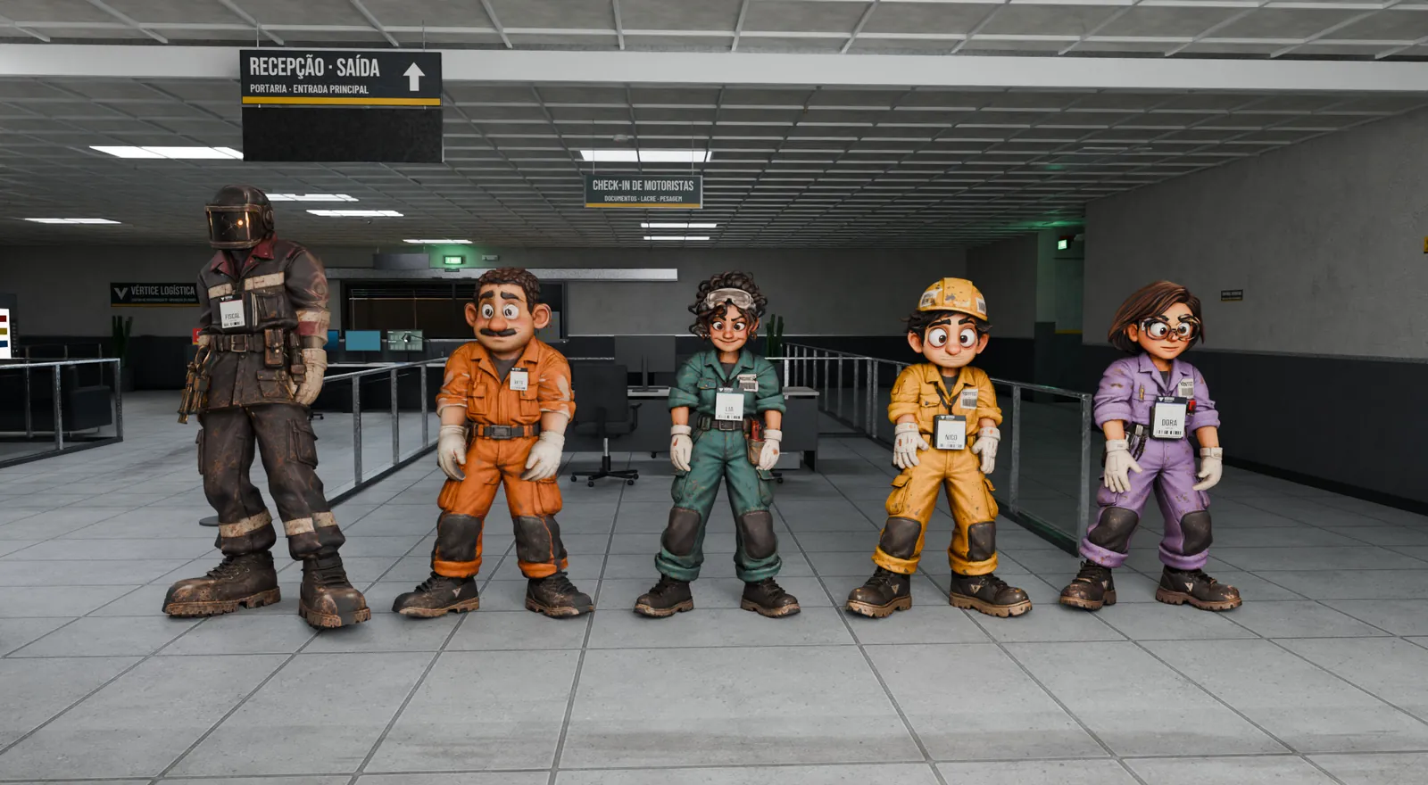 Development render of the five characters side by side in the Complex 17 lobby.