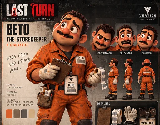 Character sheet of Beto, the storekeeper, in an orange jumpsuit with a clipboard.