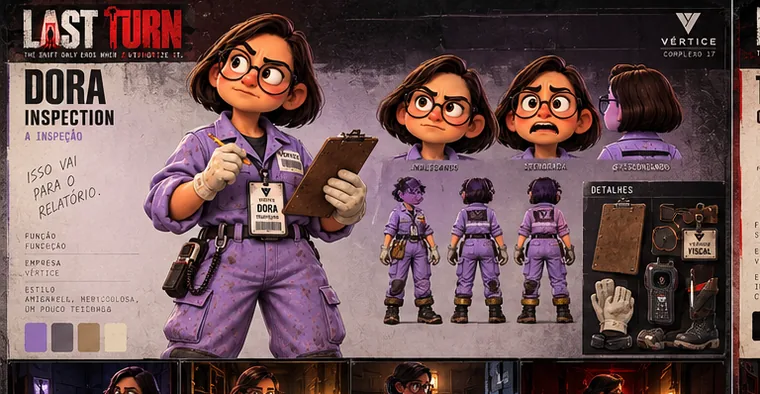 Character sheet of Dora, from inspection, in a purple jumpsuit with a clipboard.