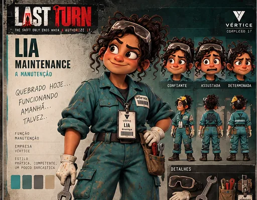Character sheet of Lia, from maintenance, in a teal jumpsuit and safety goggles.