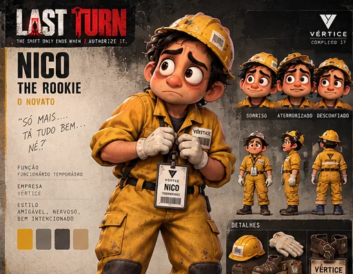 Character sheet of Nico, the rookie, in a yellow jumpsuit and hard hat.