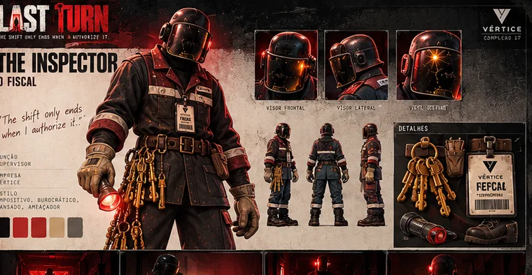 Character sheet of the Warden, in a dark visored helmet carrying a ring of keys.
