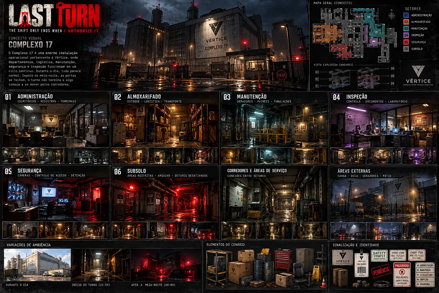 Concept art board of Complex 17, showing the industrial facade at night, interior sectors and set elements.