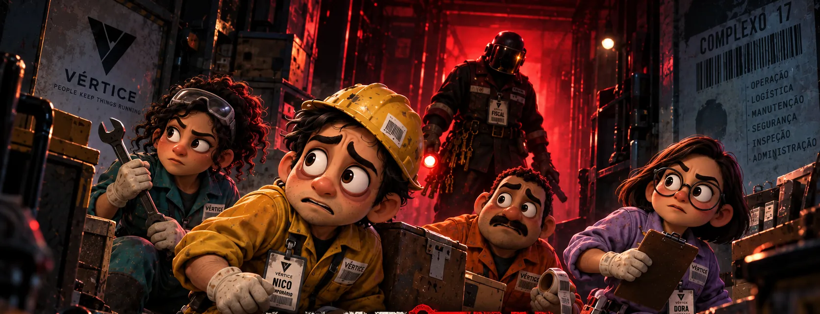 Official Last Turn key art: Nico, Lia, Beto and Dora hiding, with the Warden looming behind them in red light.